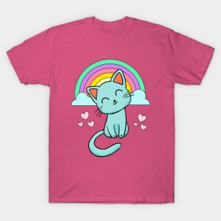 Cute Kitty Cat With Rainbow & Hearts Girls T-Shirt